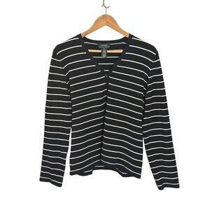 Lauren Ralph Lauren Black White Stripe V Neck Silk Blend Cardigan Womens XL